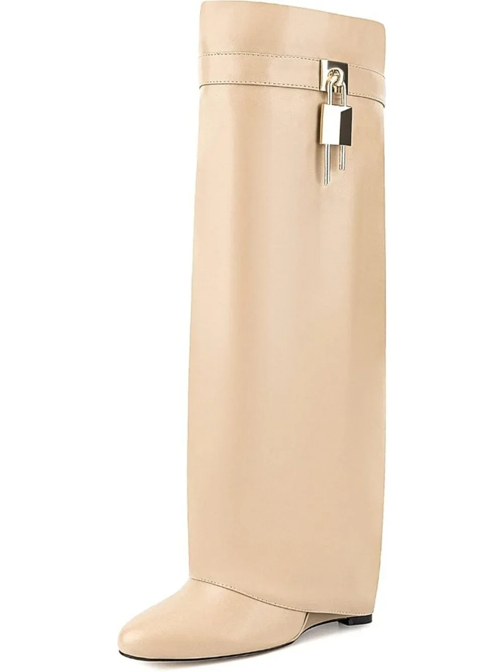 Women's Beige Pointed Toe Wedge Heel Side Zipper Knee High Shark Boots
